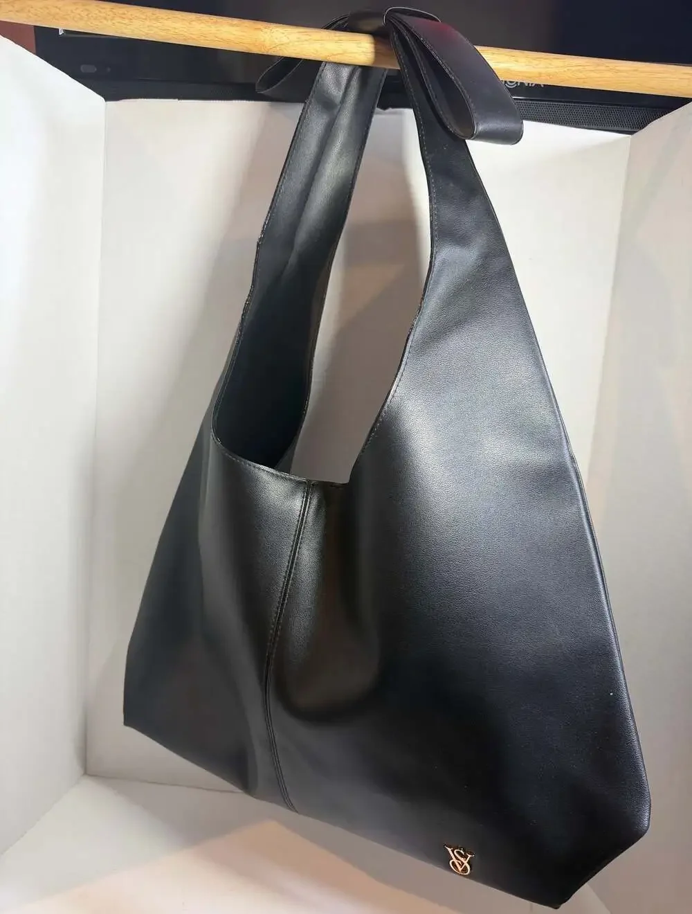 Victoria's Secret Black Faux Leather Bow Tote Hobo Shoulder Bag